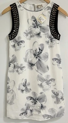 NEW Haute Hippie Studded Floral Shift Dress Silk Sleeveless Black White Size XS - Image 1 of 3