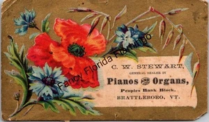 Antike viktorianische Sammelkarte ~ leuchtend rote & blaue Blumen ~ C. W. Stewart Klaviere - Bild 1 von 2