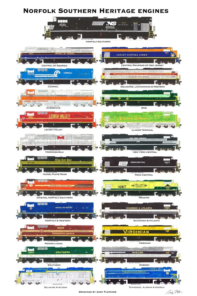 Póster Norfolk Southern 22 Heritage Locomotives 11"x17" firmado por Andy Fletcher Foto 1 de 1