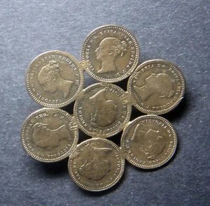 1840er Großbritannien 1-1/2 Penny Silber 7 Münzen BROSCHE schönes Geschenk! - Bild 1 von 3