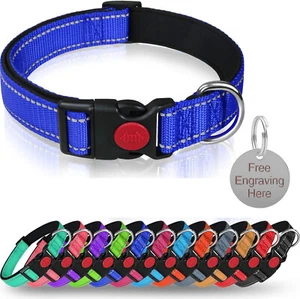 Reflective Nylon Adjustable Padded Dog Collar & Personalised 25mm Round ID Tag - Picture 1 of 18