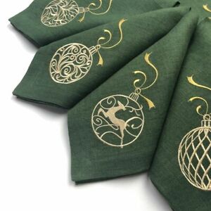 Christmas green embroidered napkins, holiday table decor, cloth dinner napkins