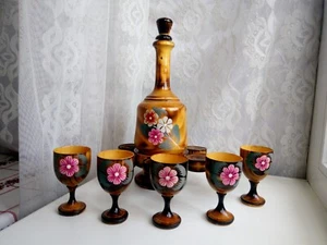 Vintage wooden bottle decorative and five glasses, hand-painted wooden bottle - Picture 1 of 7