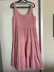 Mister Zimi 12 Tiered Midi Dress - STRETCH, NO IRON Orange Stripe Crinkle Fabric - Picture 1 of 4