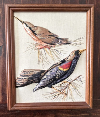 "Retrato de arte de pájaro serigrafía de tela elevada vintage; enmarcado 9 5/8"" x 11 3/4""" Foto 1 de 4