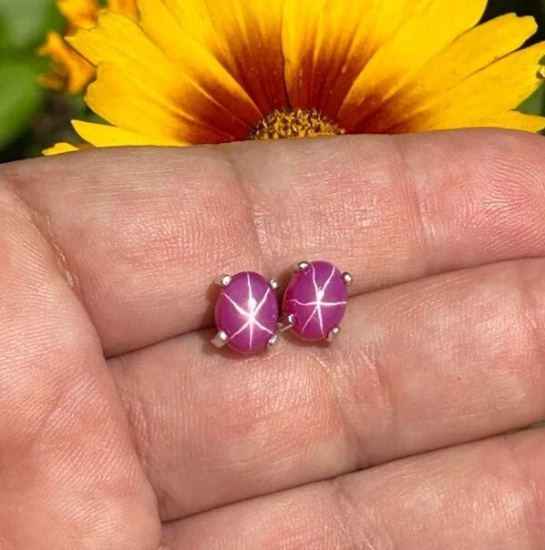 Pink Star Sapphire Gemstone Stud Earrings Engagement Jewelry Tiny Stud Earrings - Image 1 of 4
