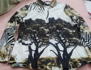 Pre-owned Zara Women’s Long Sleeve Shirt XL Africa Jungle leopard zebraButton Up - Picture 1 of 9