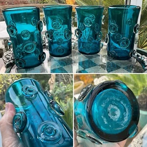 SELTENES PAAR Becher applizierte Prunts Kunstglas Att. JOSEF HOSPODKA CHRIBSKA Blau 5" - Bild 1 von 13