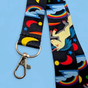 RAINBOWS & UNICORNS LANYARD black neck strap keyring name tag ring clip girls Z1 - Picture 1 of 3