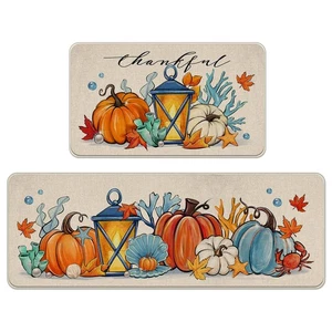 Thanksgiving Thankful Pumpkin Kitchen Rugs Set of 2, Fall Beach Coastal Lante... - Picture 1 of 8