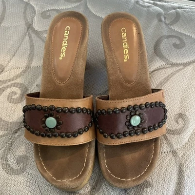 Zuecos de madera aztecas vintage Candies con cuentas y correa de cuero, talla 5 Foto 1 de 4