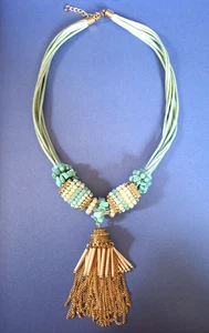 Turquoise Cord, Bead, Chain and Tassle Necklace 22" plus extender chain - Picture 1 of 3