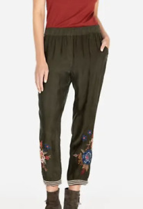 Johnny Was MARGOT JOGGER PANT Khaki Green S Cropped Bohemian Casual floral NWT