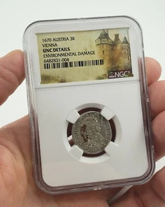 NGC Uncirculated Details 3 Kreuzer 1670 Silver Coin Vienna Leopold I Austria UNC - Picture 1 of 4