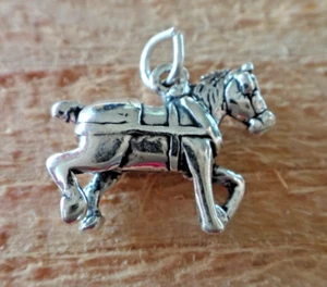 Sterling Silver 3D 14x20m Work Belgian Draft Clydesdale Horse with Harness Charm - Picture 1 of 3