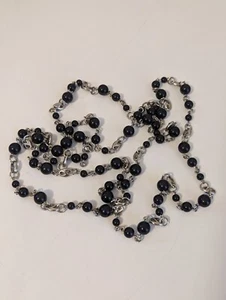 Collar elegante para mujer 59" cuentas negras eslabones plateados de eslabones individuales/dobles - Imagen 1 de 4