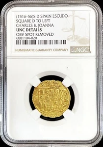 1516 -1556 D SEVILLE GOLD SPAIN 1 ESCUDO CARLOS & JOHANNA COB NGC UNCIRCULATED* - Picture 1 of 2