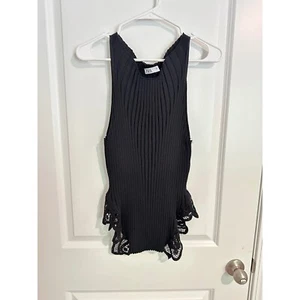 Zara Ribbed Tank Top Lace Trim Sleeveless Black Casual Top Size L - Picture 1 of 4