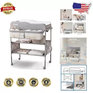 Portable Foldable Baby Changing Table with Adjustable Height & Storage - Grey - Picture 1 of 9