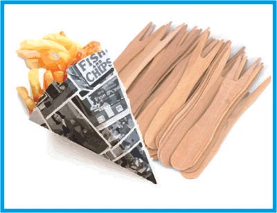 CHIP Shop CONE and Forks Disposable Takeaway Paper Card Newsprint Newspaper - Image 1 of 4