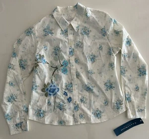 Top donna CrazyHorse grande blu panna ricamato floreale LS con bottoni cottage - Foto 1 di 8