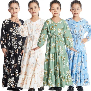 Ramadan Muslim Kids Girls Abaya Dress Print Kaftan Islamic Long Dress Gown Robe - Picture 1 of 55