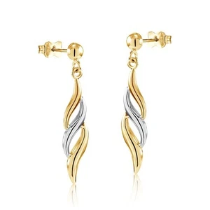 9ct Gold Leaf Drop Earrings Yellow and White Gold 33mm Drops Hallmarked - Picture 1 of 5