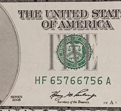 HF65766756A $5 RADAR Fancy Serial Number Five Dollar Bill 2006 Note CU - Image 1 of 3