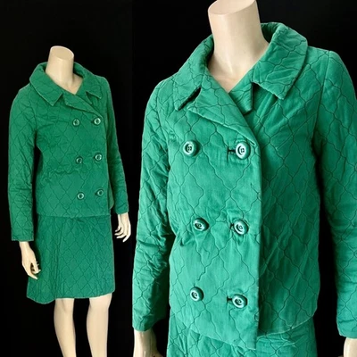 Terno saia acolchoado de algodão fofo pequeno 1950 verde grama peito duplo, pequeno - Imagem 1 de 4