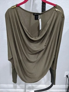 Caribbean Queen Army Green Long Sleeve Cold Shoulder Zip Ruched Blouse Sz L NWT - Picture 1 of 11