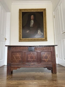 Antique 17th Century Carved Oak Transitional Coffer With Inlaid Star Design - Picture 1 of 20