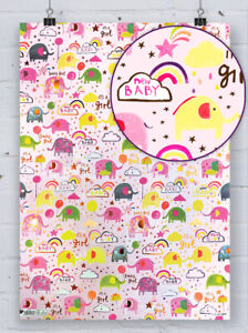 Hello New Baby Girl Gift Wrap Bright Paper Salad Fun Elephant Wrapping Paper 