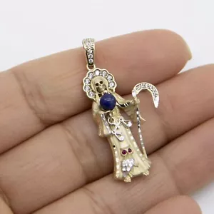1 1/2" Halo Santa Muerte Angel of Death Pendant Real 14K Yellow White Gold - Picture 1 of 6