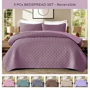 3 Piece Emboss Bedspread Quilted Comforter Bedding Set Bed Throw Reversible - Picture 1 of 29