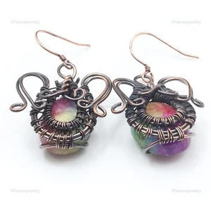 Agate Geode Slice Gemstone Jewelry Copper Love Gift Wire Wrap Earrings 2" - Picture 1 of 6