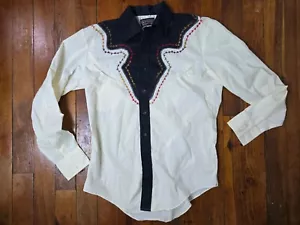 Vintage 70s Sears Western Wear Floral Embroidered Black White Shirt Medium 15 - Picture 1 of 20