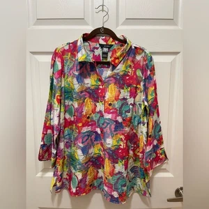 Tunique chemise boutonnée manches 3/4 femme Ali Miles M art abstrait légère neuve avec étiquette - Photo 1/12