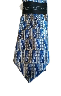 Nuevo de Lote Antiguo Corbata de Seda Italiana Henry Grethel Azul y Dorado Geo Patrón 56x4" Nueva con Etiquetas Foto 1 de 4