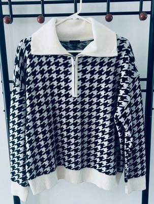 Suéter Talbots Mujer XL Negro Blanco Pata de Gallo Cuarto Cremallera Cuello Simulado Foto 1 de 3