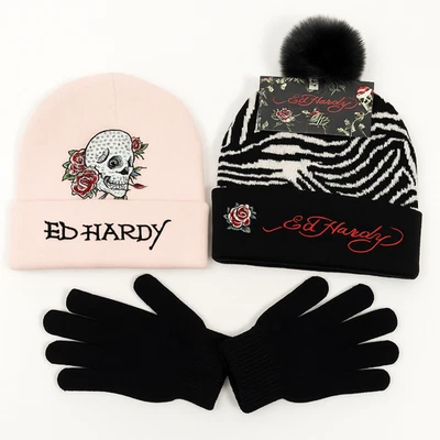 Ed Hardy 3pc Knit Set – Pink Rhinestone Beanie  + Zebra Pom Hat & Black Gloves - Image 1 of 4