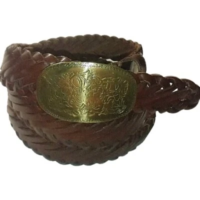 Cinturón de cuero tejido coñac argentino de colección para hombre - Hebilla en relieve tono dorado talla: 40 Foto 1 de 4