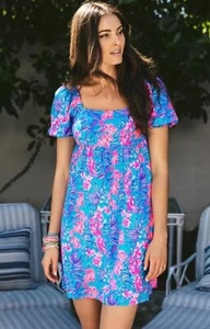 Lilly Pulitzer Delaney Dress Sz 12 Cumulus Blue Mini Baby Doll Dress Puff Sleeve - Picture 1 of 15