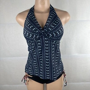 Merona Women’s Padded Blue and Whie Polka Dot Tie Swim Tankini Top - Picture 1 of 8