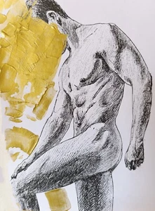 painting man Male portrait GOLD leaf painting original Drawing Nudemen 8х6 LGBT - Picture 1 of 4