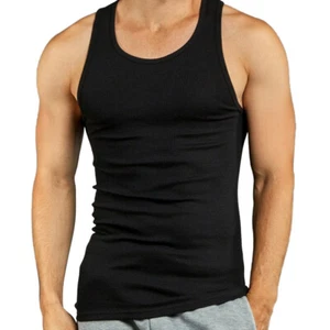 9 Men 100% Cotton Tank Top A-Shirt Undershirt Ribbed Black Muscle Sleeveless Gym - Picture 1 of 4