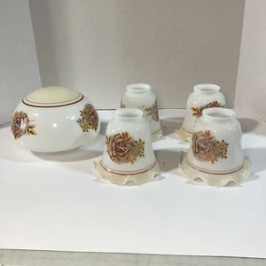 Vtg Glass Ceiling Fan Shades Brown Floral Lustre Set Of 4 Ruffled 1 Round Globe - Picture 1 of 2