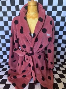 Victoria's Secret PINK Lounge Robe BLACK Polka Dot MUAVE Plush FLEECE sz XS/S - Picture 1 of 14