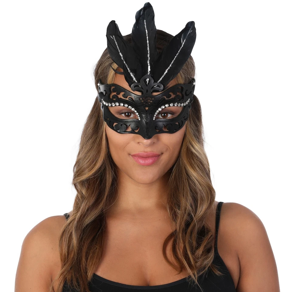 Feather Masquerade Mask Black Elegant Fancy Dress Halloween Costume Sexy - Image 1 of 1