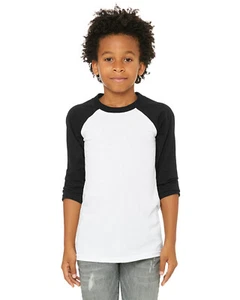Bella + Canvas Youth Jersey 3/4 Sleeve Baseball Tee Top - Picture 1 of 5