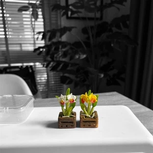 Juego de 2 flores de orquídea de arcilla miniatura hechas a mano blancas y amarillas en macetas de madera Dollh - Imagen 1 de 10